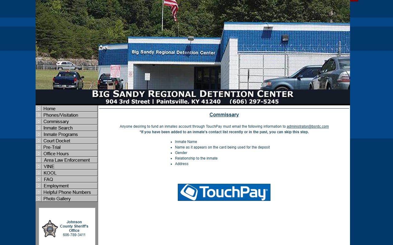 Big Sandy Regional Detention Center TouchPay commissary instructions for Lawrence County inmate accounts